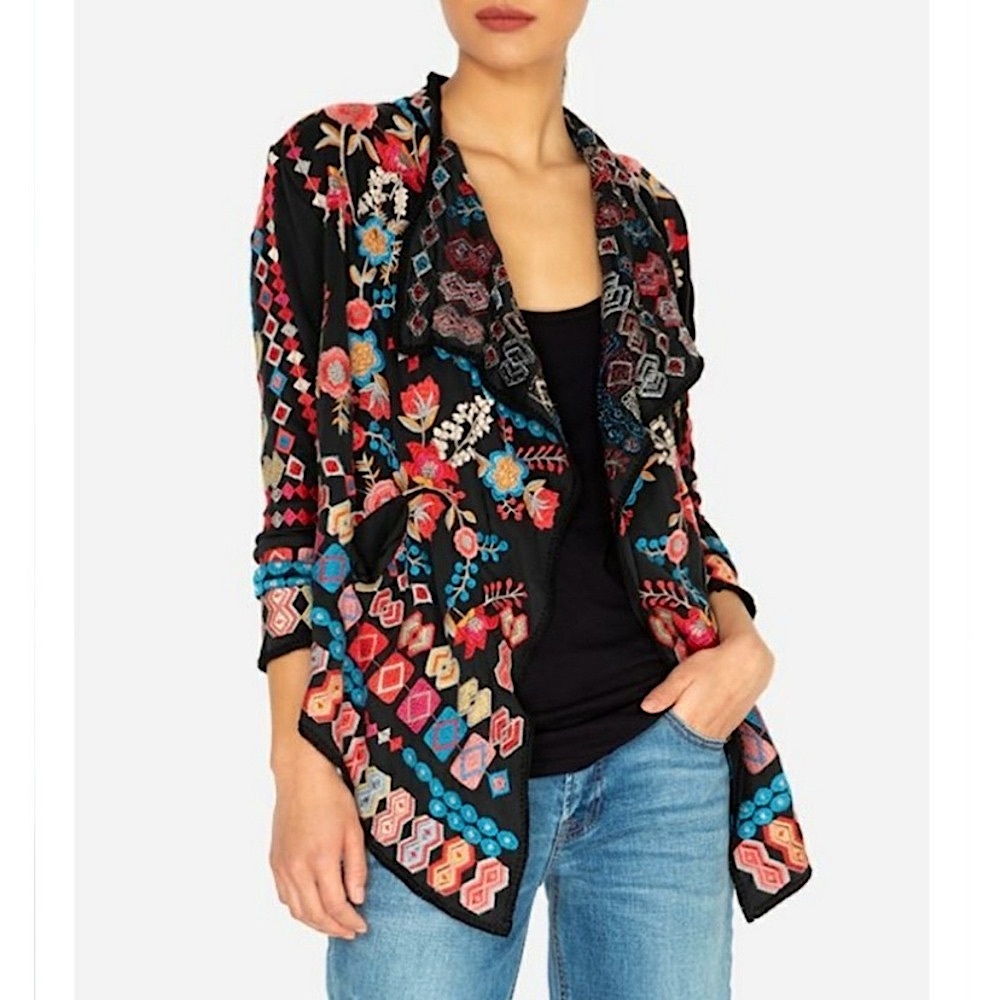 Johnny Was Biya Swalt Short Wrap Floral Embroidered Waterfall Jacket Size L - Picture 4 of 10
